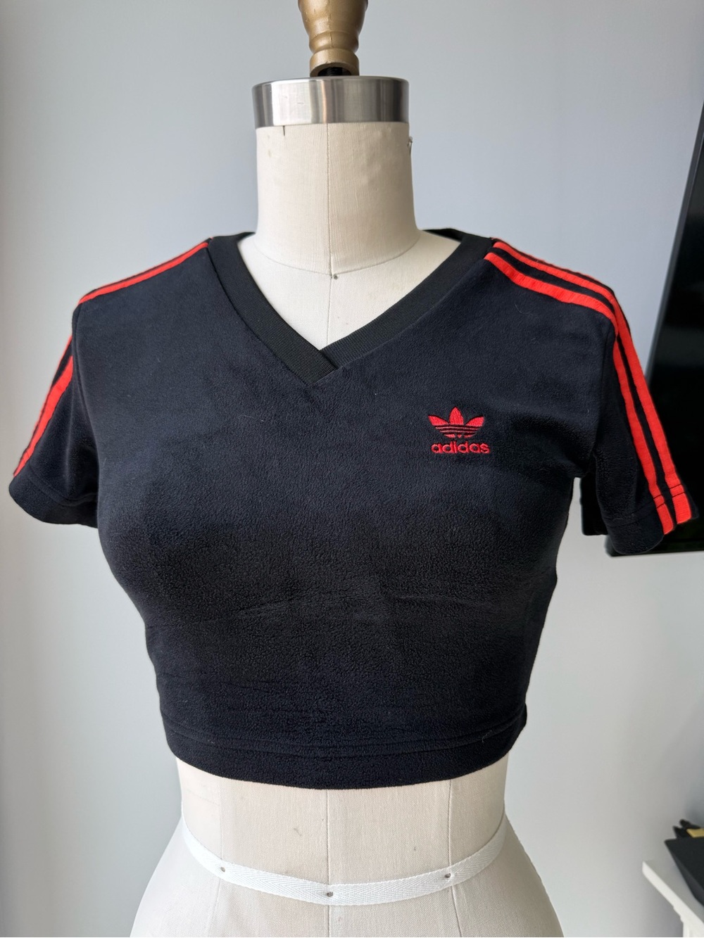 adidas Black Crop V-Neck velour style tee